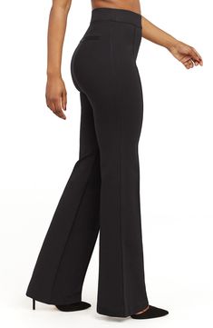 Comfy sophistication defines these high-waisted pants, made from supple ponte with leg-elongating pintucks and perfectly flared cuffs. Style Name:Spanx Flare Ponte Pants (Regular & Plus Size). Style Number: 5890631. Chic Stretch Yoga Pants For Work, Elegant Stretch Elastane Flares, Stretch Wide Leg Yoga Pants For Work, Stretch Wide-leg Yoga Pants For Workwear, Chic Full-length Yoga Pants, Chic Stretch Flare Trousers, Flattering Fitted Bottoms For Night Out, Elegant High Stretch Wide Leg Pants, Chic Full Length Yoga Pants