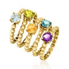 Ross-Simons - 2.50ct t. w. Multi-Gemstone Jewelry Set: Five Rings Over Sterling. Size 8. An RS exclusive. In a pleasing palette with nods to nature, this five-ring set features 2.50 ct. tot. gem wt. round London blue topaz, sky blue topaz, peridot, amethyst and citrine gems, each centered on an 18kt yellow gold over sterling silver beaded band measuring 3/16" wide. Multi-gemstone ring set. Peridot birthstones are the perfect gift for August birthdays. Elegant Stackable Gemstones, August Birthdays, Five Rings, Amethyst And Citrine, Peridot Birthstone, Multi Gemstone Ring, Sky Blue Topaz, London Blue Topaz, London Blue