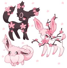 three different types of cartoon animals with pink and black flowers on their heads, one is an