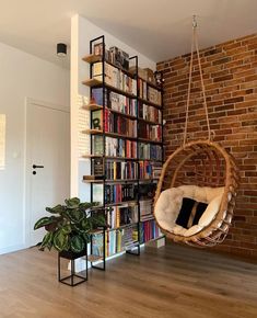 a hanging chair in front of a bookshelf filled with lots of books next to a potted plant