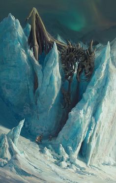 there is a giant dragon standing on top of the icebergs in this painting