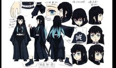 anime character paper dolls with black hair and blue eyes, all dressed in black clothing