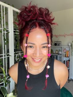 Flower clips, cute hairstyle, braids, wavy hair, curly hair, festival hairstyle, coachella hairstyle, coachella hairstyle,  claw clip hairstyle, red hair Midevil Hairstyles, Curly Hair Festival, Braids Wavy Hair, Coachella Hairstyle, Tiny Hair Clips, Hair Clips Hairstyles, Rave Hairstyles, Tiny Hair Clip, Hair Clip Hairstyles