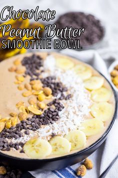 Chocolate Peanut Butter smoothie bowl with toppings.