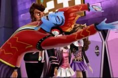 an animated character is holding onto another character in front of some other characters wearing costumes