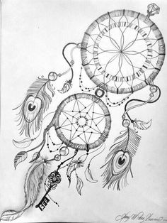 a drawing of a dream catcher with feathers on it