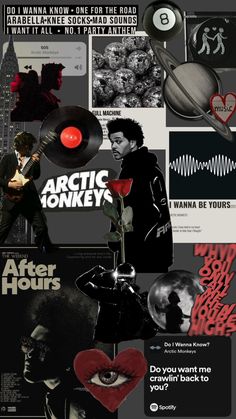 the poster for arctic monkeys is shown in black and white, with various images on it