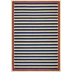 a blue and white rug with red stripes