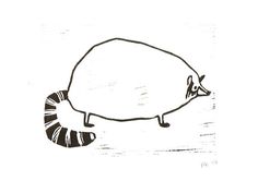 a black and white drawing of a raccoon with its tail curled around it's neck