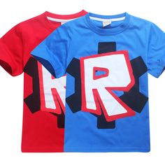 two children's t - shirts with the letter r in red, blue and black