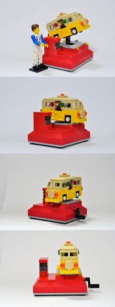 four different views of the same vehicle in three different positions, one yellow and one red