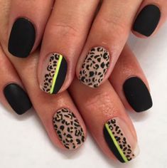 Black Nail Designs: Leopard Love. A leopard, neon, matte black, and negative space manicure. Click through for 30 black nail design ideas. #blacknailpolish #blacknaildesigns #nailideas IG: @nails.by.liv Nail Design Black, Nail Ideas Black, Black Nail Ideas, Black Nail Design, Nails With Glitter, Nail Acrylic, Matte Black Nails, Black Nail Polish, Leopard Nails