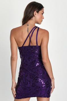 You'll be the center of attention everywhere you go in the Lulus Glittery Beauty Purple Sequin One-Shoulder Mini Dress! Lightweight mesh knit boasts a sparkling sequin design throughout this cute party dress that features a one-shoulder neckline and a sleeveless bodice with a strappy back. Bodycon silhouette hugs your curves perfectly before falling to a flirty mini hem. Hidden side zipper/clasp. Fit: This garment fits true to size. Length: Mid-thigh. Size medium measures 32.5" from shoulder to One Shoulder Sequin Mini Dress For Club, Sequin Party Dress With Asymmetrical Neckline, Party Season Sequin Dress With Asymmetrical Neckline, One Shoulder Sequin Dress For Summer Homecoming, Off-shoulder Sequin Dress For Holidays, Asymmetrical Neckline Mini Dress With Sequins For Party, Off-shoulder Sequin Dress For Summer Night Out, One Shoulder Summer Sequin Dress For Homecoming, One Shoulder Sequin Club Dress