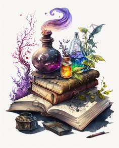 an open book sitting on top of a pile of books next to bottles and plants