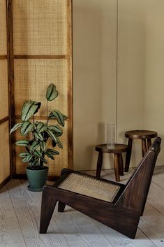 a wooden chair sitting next to a potted plant on top of a hard wood floor