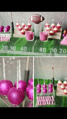 a football themed dessert table with pink cupcakes and candy on sticks for sports fans