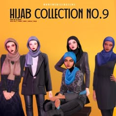 four women in hijab clothing posing for the camera with their hands on their hipss