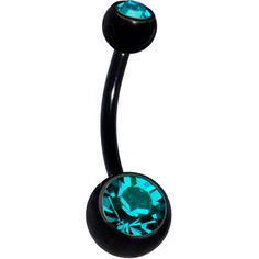 a black and blue jeweled belly button navel bar with an aqua crystal center