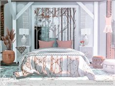 a bed room with a neatly made bed and two vases on the side tables