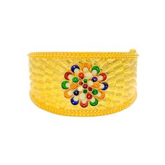 This 22k gold screw bangle weighs 47.7 grams and is adorned with vibrant Meenakari flower designs, giving it a colorful and artistic flair. The bangle has a size of 2.5 inches and an opening diameter of 2.3 inches, featuring a secure screw with hinge mechanism for easy opening and closing. This exquisite piece combines traditional Meenakari artistry with the timeless appeal of gold, making it a perfect accessory for adding a splash of color and elegance to any outfit. PRODUCT DETAILS Gold Purity(karat): 22k Gold Weight(grams): 47.7 Item Finish: Yellow Gold Bangle Size: 2.5 Bangle Opening(diameter): 2.3" Openable: Yes, Screw w/ Hinge Number Of Pieces: 1 Bangle Multicolor Temple Jewelry Bangle Bracelets, Multicolor Bangle Gold Bracelet As A Gift, Multicolor Gold Bangle Bracelet As A Gift, Multicolor Temple Jewelry Style Bangle, Multicolor Bangle With Intricate Design For Gift, Multicolor Bangle With Intricate Design As Gift, Multicolor Intricate Design Bangle As Gift, Traditional Yellow Bangle Bracelet, Traditional Yellow Bracelets For Festivals