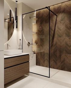 a bathroom with a sink, mirror and shower in it's center wall that has wood paneling on the walls