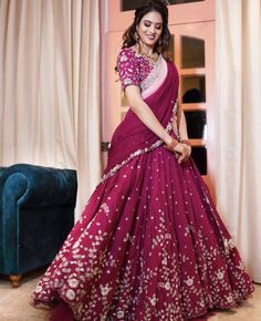 Viva Magenta Lehenga, Half Saree Lehenga Wedding Receptions, Half Sarees For Marriage, Reception Half Sarees Indian Bridal, Half Sarees For Reception, Half Saree For Engagement Bride, Lehangas For Reception