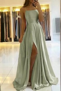 Long Prom Dress with Slit Sage Green Prom Dress, 파티 드레스, Spaghetti Strap Prom Dress, Cute Prom Dresses, Pretty Prom Dresses, فستان سهرة, Green Prom Dress, Grad Dresses, Prom Outfits