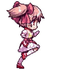 a pixel art style image of an anime character with pink hair and white dress, standing in