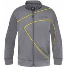 a gray jacket with yellow lines on the side