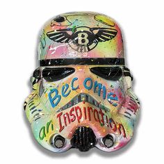 a helmet with the words be one and a star wars trooper painted on it's face