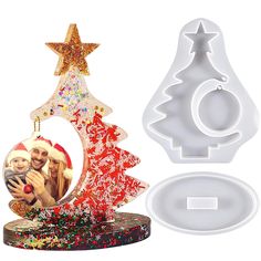 a christmas ornament and cookie cutters with a photo on one side, next to the cookie mold