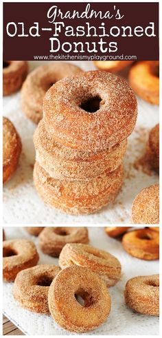 an image of old fashioned donuts stacked on top of each other with the words grandma's old - fashioned donuts above them