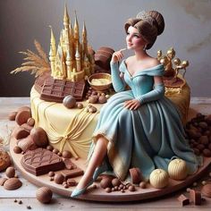 there is a cake that looks like a princess sitting on a table with chocolates