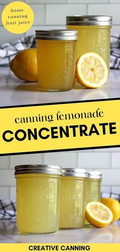 two mason jars filled with lemonade sitting on top of a counter next to sliced lemons