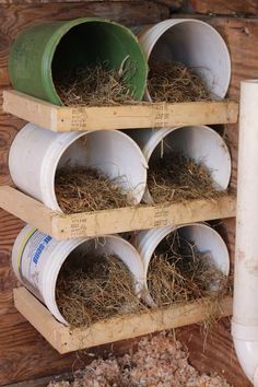 a bunch of buckets that are hanging on a wooden wall with some hay in them