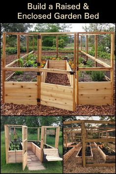 an outdoor garden with raised and enclosed beds