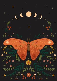 an orange butterfly with green leaves and flowers on it's wings in front of the moon