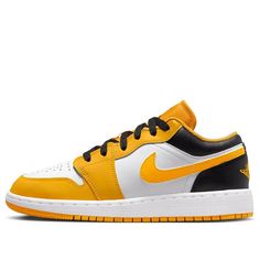 Introducing the Air Jordan 1 Low GS 'White' University Gold. This stylish and comfortable shoe is perfect for any basketball fan or sneakerhead. The white, black, and taxi yellow colorway with yellow leather panels give the shoe a unique look that will be sure to stand out. The Jumpman logo on the heel in black and Nike Swooshes provide a classic and iconic touch. With a rubber outsole and cushioning inside, this shoe is as comfortable as it is stylish. Get ready to hit the court in style with t White Taxi, Yellow Taxi, Jumpman Logo, Basketball Fans, Air Jordan 1 Low, Jordan 1 Low, Yellow Leather, The Court, Air Jordan 1