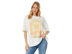 Billabong Take A Sun Trip Graphic Tee - Women's T Shirt : Salt Crystal : Feel that roomy and snug feeling wearing Billabong Take A Sun Trip Graphic Tee. Crew neckline. Short sleeves. Pull-on construction. Graphic print with brand detailing on the front. Straight hemline. 100% cotton. Machine washable. Imported. Casual T-shirt For Spring Day Out, Retro Summer T-shirt For Day Out, Oversized Retro T-shirt For Spring, White Relaxed Fit Cool T-shirt, Relaxed Short Sleeve T-shirt With Screen Print, Spring Graphic Tee Soft-washed, Retro Cotton Tops For Streetwear, Spring Soft-washed Graphic Tee, Short Sleeve Tops For Streetwear In Fall