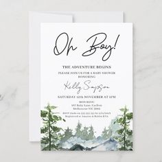 the adventure begins baby shower is shown with mountains and trees in green, blue and white