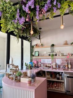 the interior of a flower shop with flowers hanging from the ceiling and potted plants on the counter