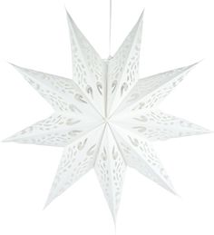 a white paper snowflake hanging from a string on a white background in the shape of an ornament