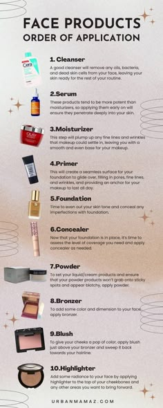 order to apply face products Correct Order Of Makeup Application, Prep Face For Makeup, Make Up Order To Apply, How To Layer Makeup Products, Order Of Applying Makeup, Makeup Order Of Application, Different Makeup Aesthetics, Where To Put Makeup On Face, Order Of Makeup