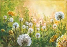 a painting of dandelions and other wildflowers in a field with the sun shining