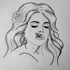 a black and white drawing of a woman with flowers in her hair, wearing earrings