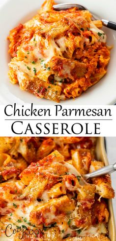 chicken parmesan casserole in a white dish with the title above it