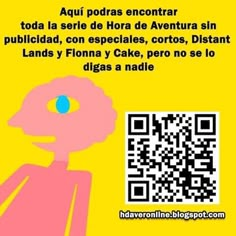 a yellow background with a qr code and a pink cartoon character in the center