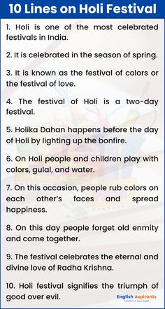 10 Lines on Holi Festival Summer Camp Lesson Plans, Essay Writing Examples, English For Students, College Essay Examples, English Grammar Notes, Letter Worksheets For Preschool, Grammar Notes, Writing Examples, Fun Facts For Kids