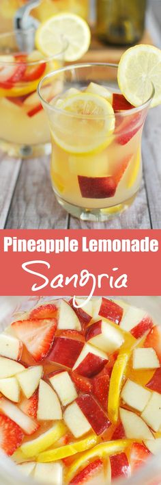 two glasses filled with lemonade and sliced strawberries on top of a wooden table