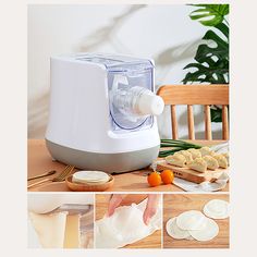 a collage of photos showing how to use an electric juicer for making food